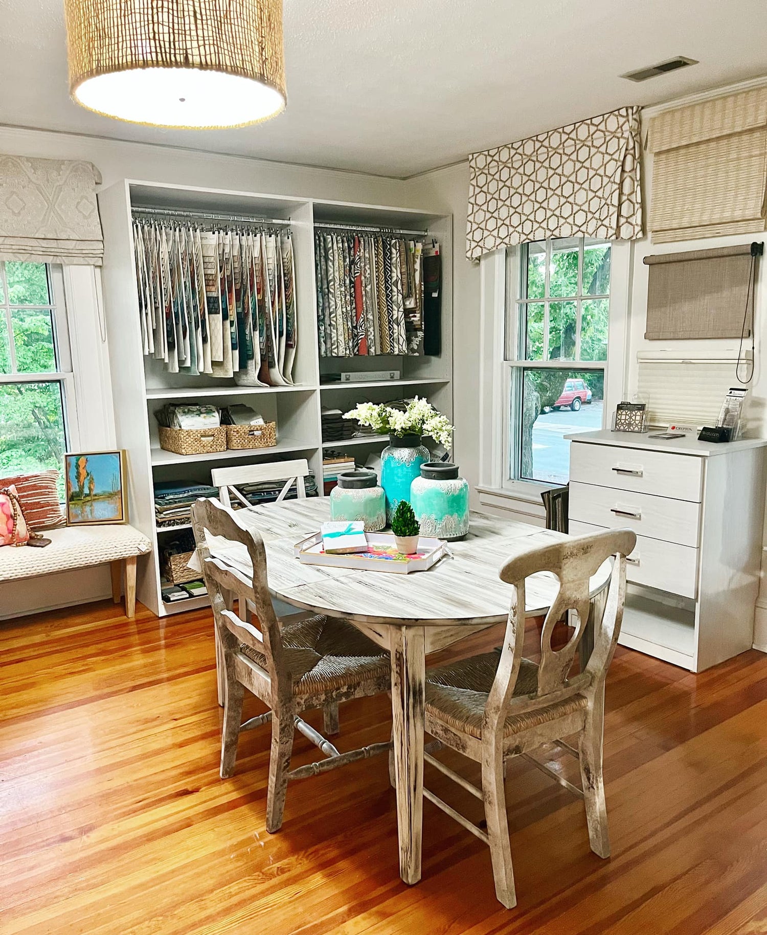 Design consultation area of Home, Heart & Soul with designer fabric swatches