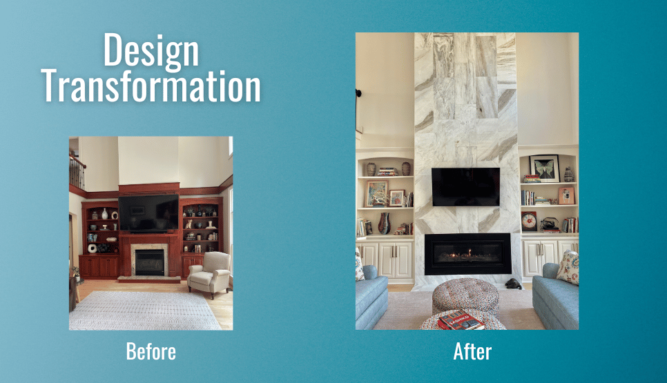 Before and after photos of an entertainment center and seating area design transformation. 